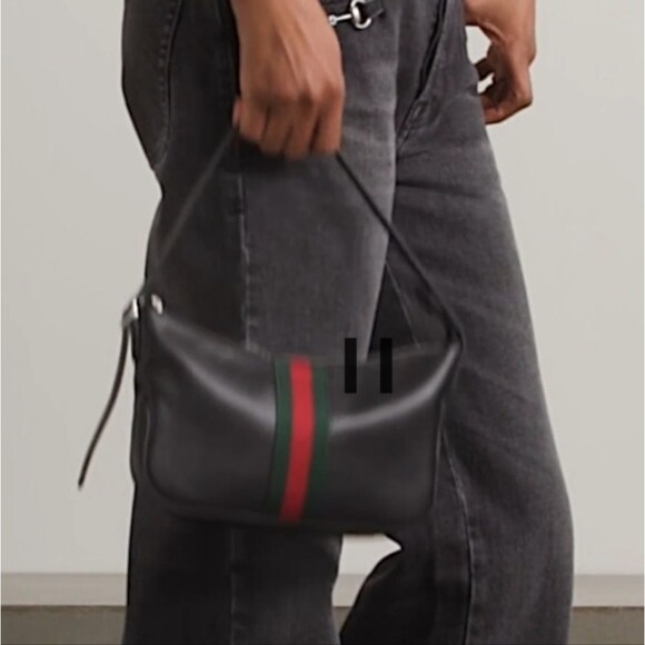 Gucci Designer Lunetta leather Purse Trimmed Jacquard Shoulder Bag Green Red - Picture 7 of 13